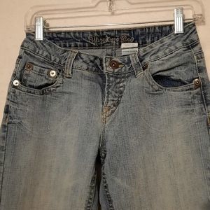 Warehouse One Light Sandblasted Low Rise Flared Leg Distressed Jean Ladies 26